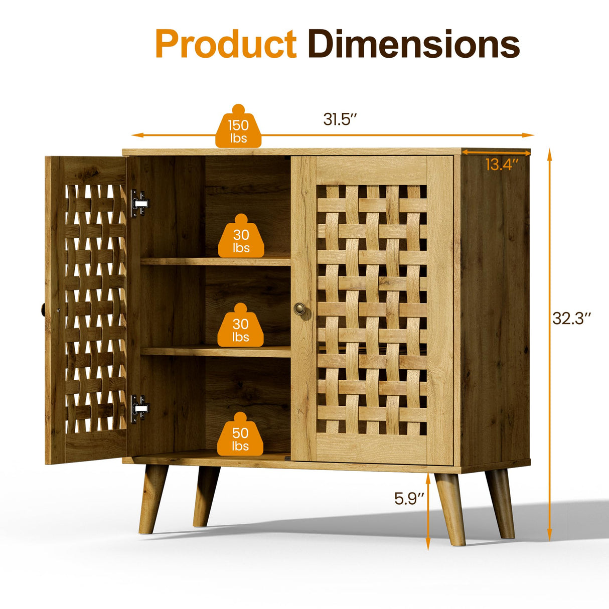 RoyalCraft Rattan Accent Cabinet with Doors, Farmhouse Buffet Entryway Cabinet with Oak Legs for Living Room, Natural Wooden Decorative Sideboard with Adjustable Shelf RoyalCraft