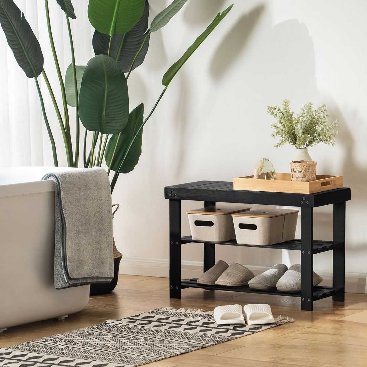 Apicizon Bamboo Shoe Rack for Entryway, 3-Tier Shoe Rack Bench for Front Door Entrance, Small Shoe Organizer with Storage, Black Apicizon