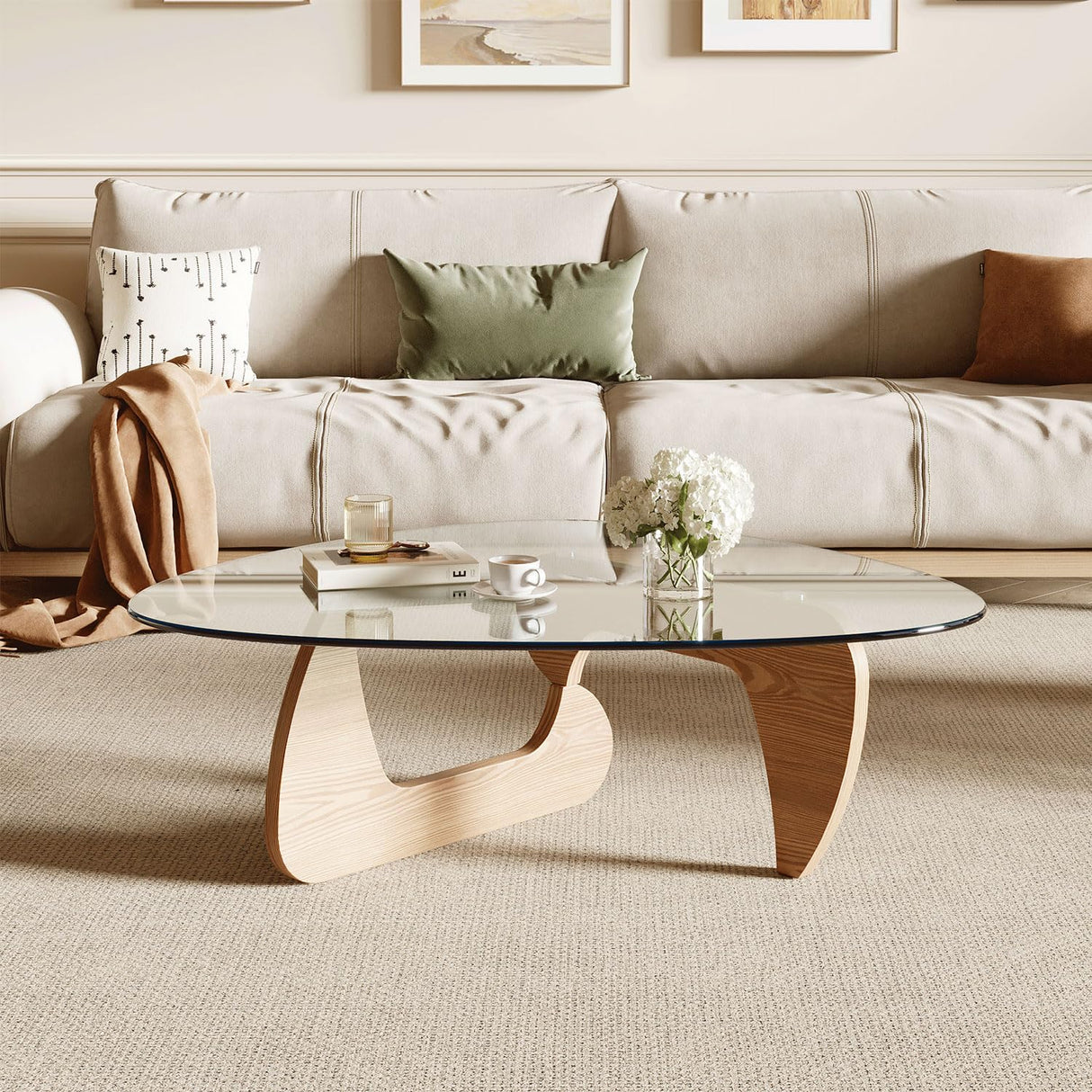 Miloyer Modern Coffee Table for Living Room and Small Spaces, 43.3" x 29.5" x 15.8" Triangle Tempered Glass Table Top and Eco-Friendly MDF Base, Natural Wood Miloyer