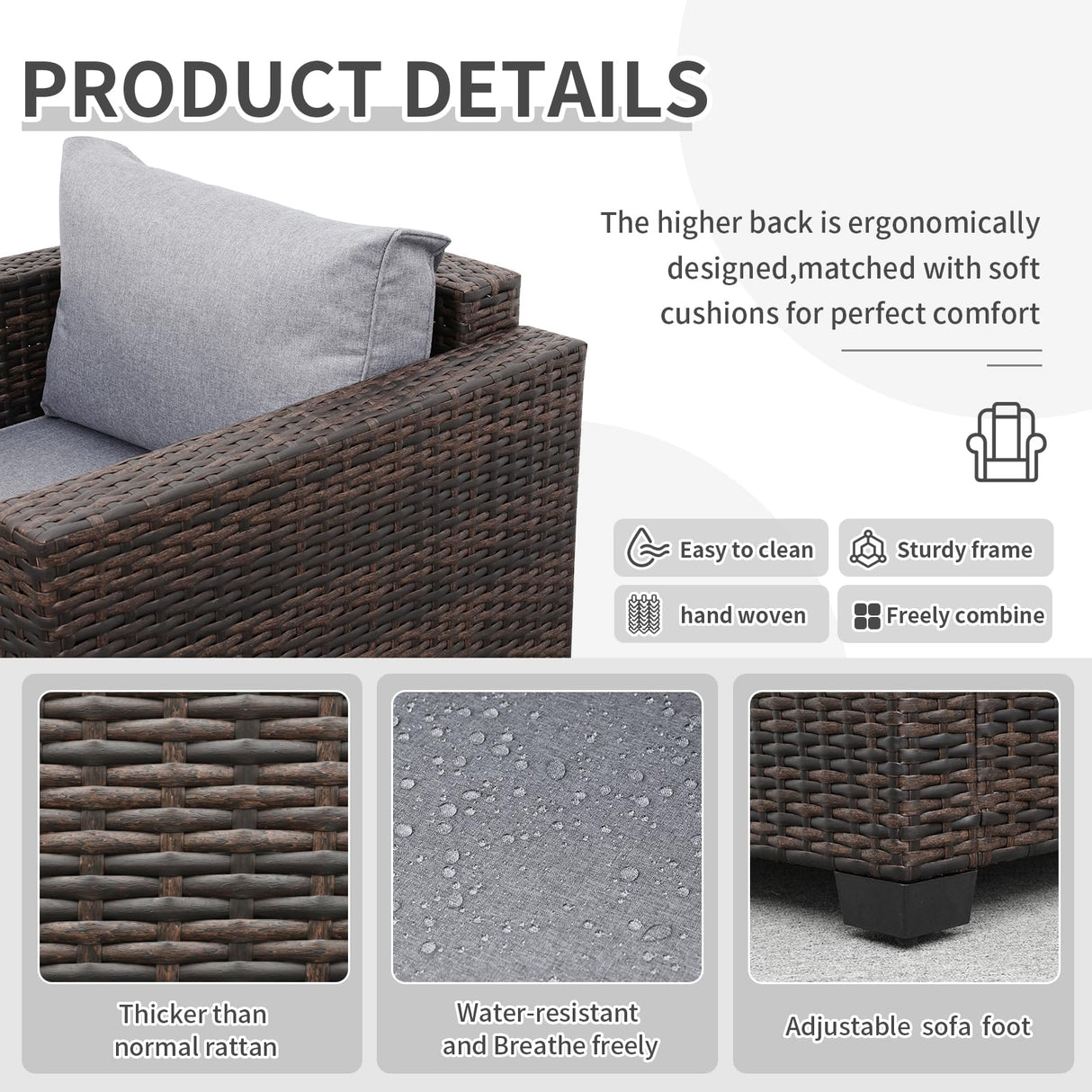 Valita 7 Pieces Patio Furniture Set,9-Seats Outdoor Wicker Sectional Sofa Brown Rattan Modular Patio Conversation Chair Set with Storage Table,Washable Cushions(Grey) Valita