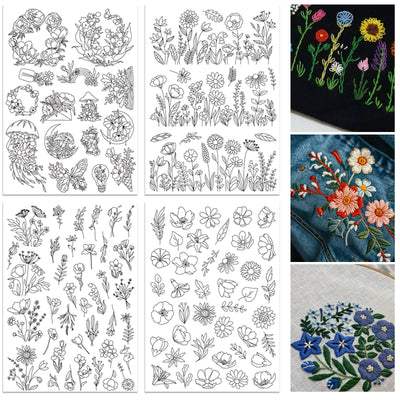 ORIGACH 4 Sheets 105 Pcs Water Soluble Embroidery Patterns Stabilizers - Pre-Printed Floral, Flowering Shrubs & Leaves Designs - Stick & Stitch Embroidery Paper for Hand Sewing Lovers