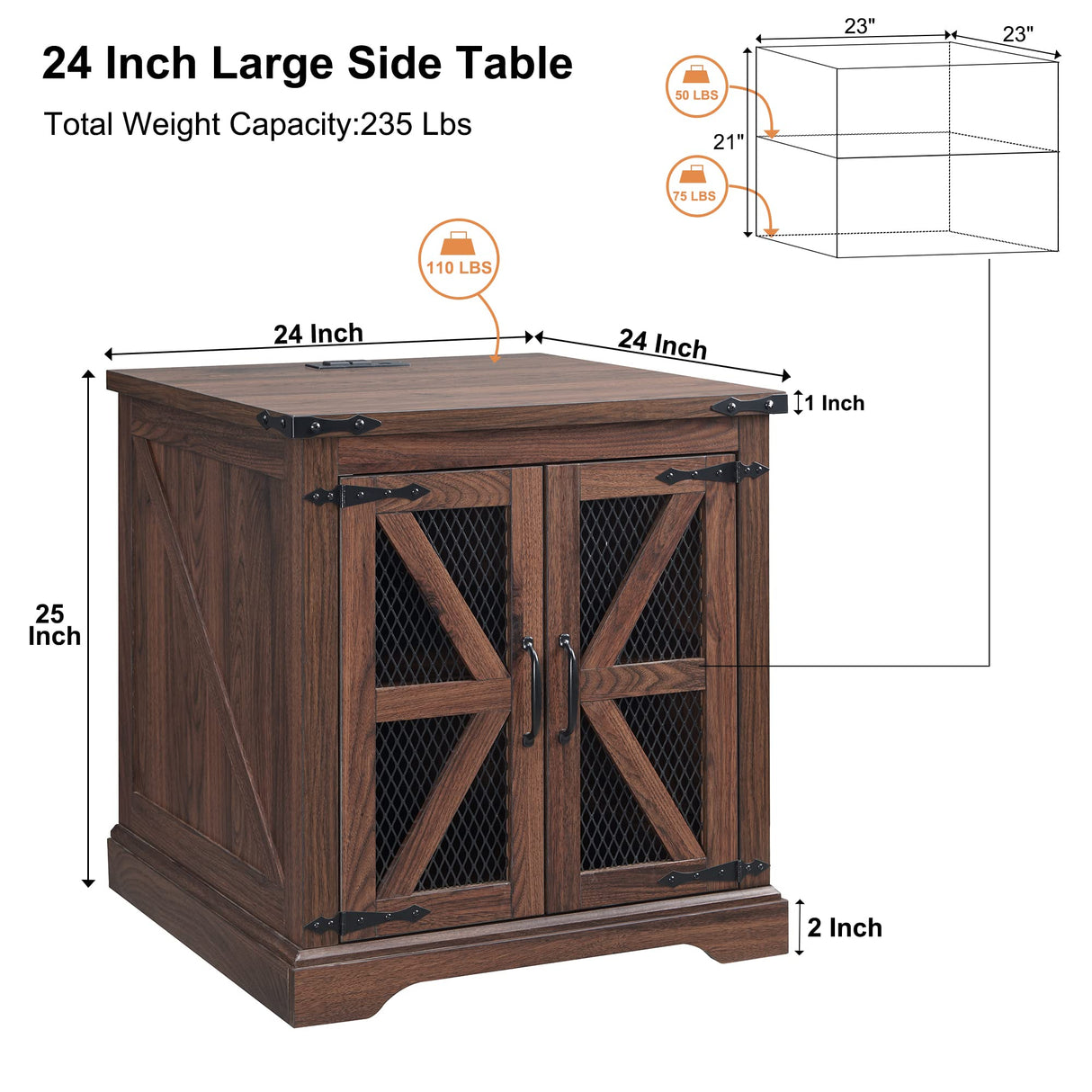 JXQTLINGMU Farmhouse End Table, 24" Large Sofa Side Table with Charging Station, Mesh Barn Door, and Adjustable Storage Shelf, Rustic Wood Square Nightstand for Living Room, Bedroom, Office, Brown JXQTLINGMU