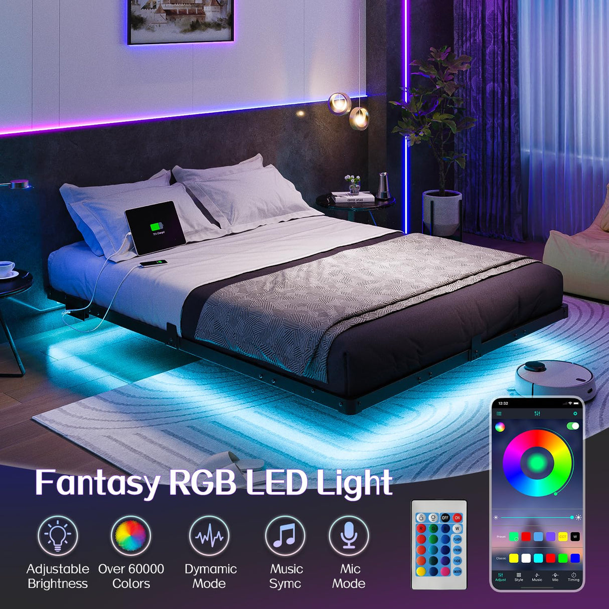 Queen Size Floating Bed Frame with USB Charging Station and LED Lights, Modern Metal Platform Bed Frame with Mattress Slide Stopper, Noise Free No Box Spring Needed and Easy Assembly Liians