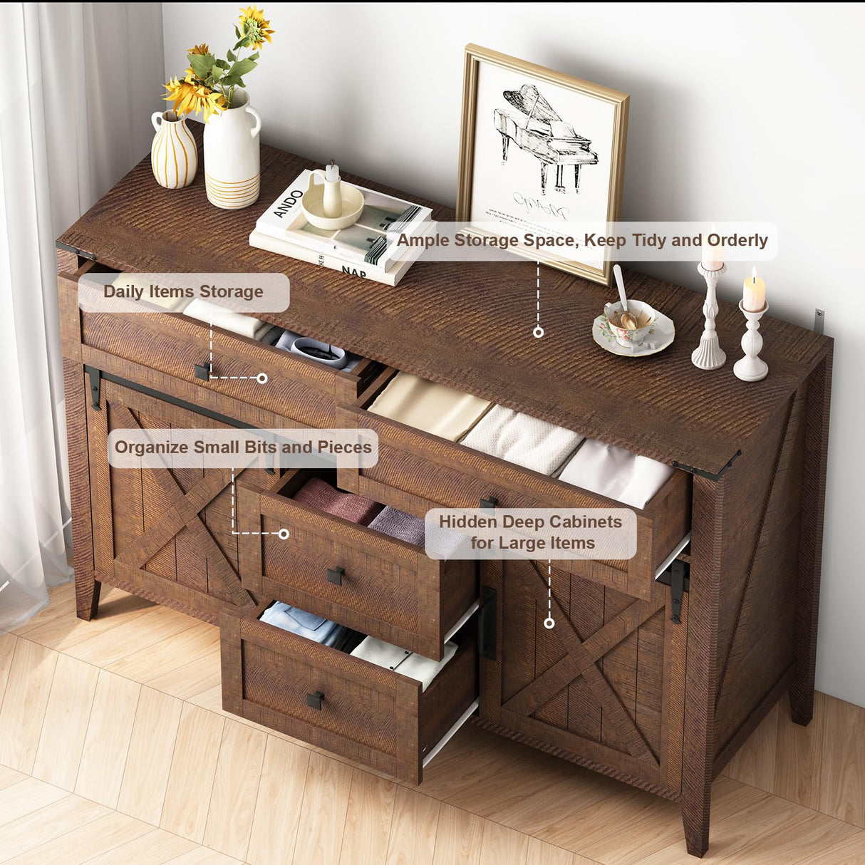 Farmhouse Dresser for Bedroom, Sliding Barn Door Dresser with 4 Drawers, Kids Dresser & Chest of Drawers for Clothes Storage, Wood Dresser TV Stand, 47" Redwood Rustic GlouMod