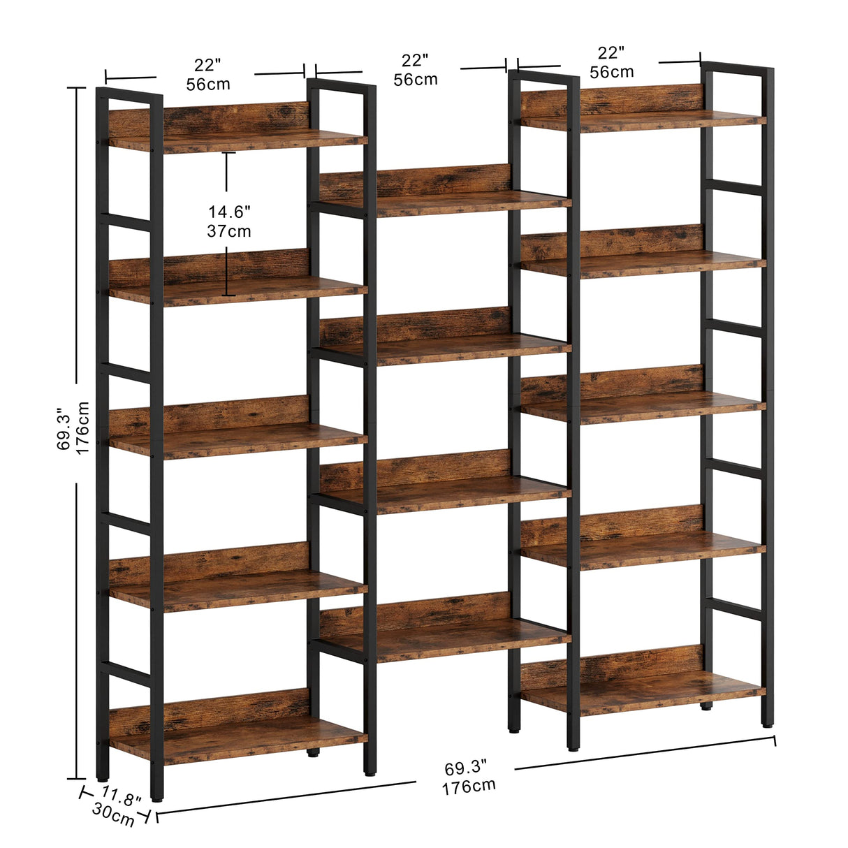 Triple Wide Industrial Bookshelf with 5 Tiers and Metal Frame by IRONCK IRONCK