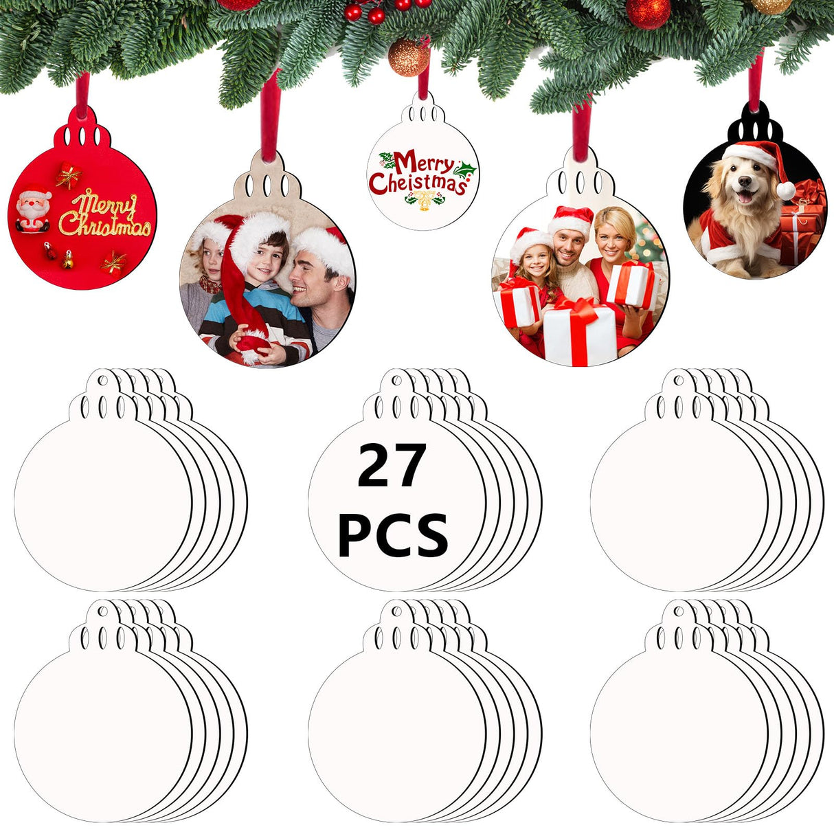 27 PCS Sublimation Christmas Ornaments Blanks MDF Bulk Double Sided Heat Transfer Sublimation Memorial Christmas Ornament Sublimation Blanks Products (Unfinished Round) AiDiYGECO