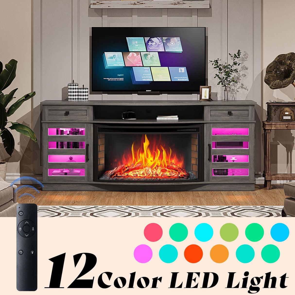 AMERLIFE 70" Curved Fireplace TV Stands with 36'' Electric Fireplace, Farmhouse LED Entertainment Center for TVs up to 80'' with Glass Door & Adjustable Shelves, Wash Gray AMERLIFE