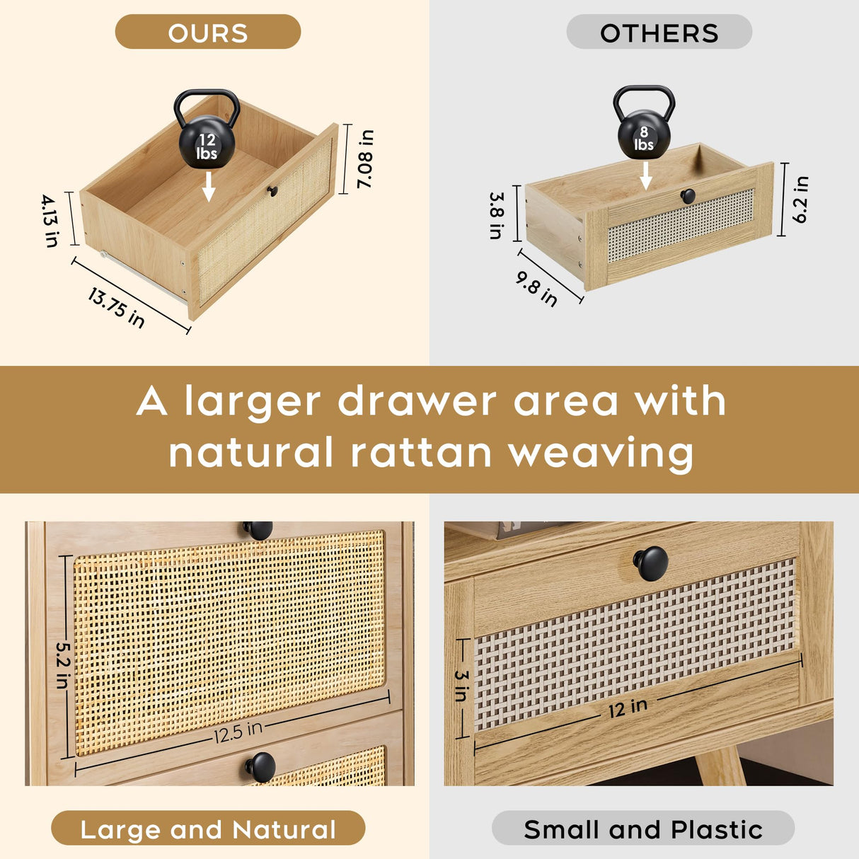 XIAO WEI Rattan Nightstand Set of 2 with Handmade Natural Rattan Drawer, Bedside Table Set of 2, Accent End Table, Boho Night Stand for Bedroom, Living Room, Metal Legs Small XIAO WEI