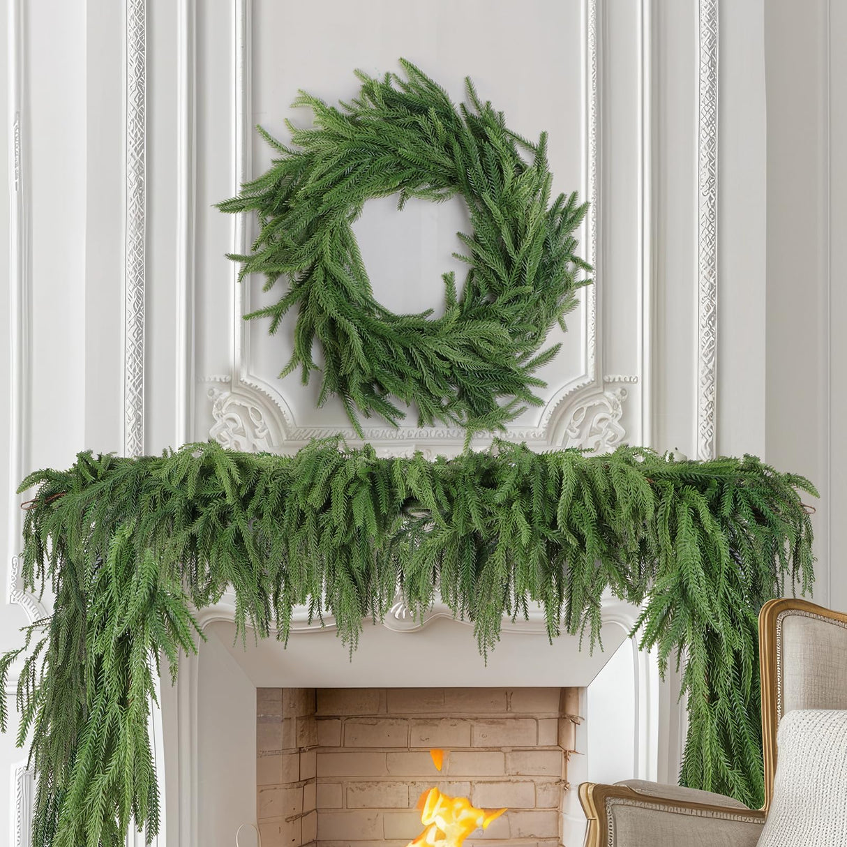 2 Pack Christmas Norfolk Pine Garlands 6FT, Real Touch Artificial Greenery Garland – Full Evergreen Pine Garland for Mantle, Fireplace, Table, Wall, Stairs & Outdoor Holiday Décor Geegoods