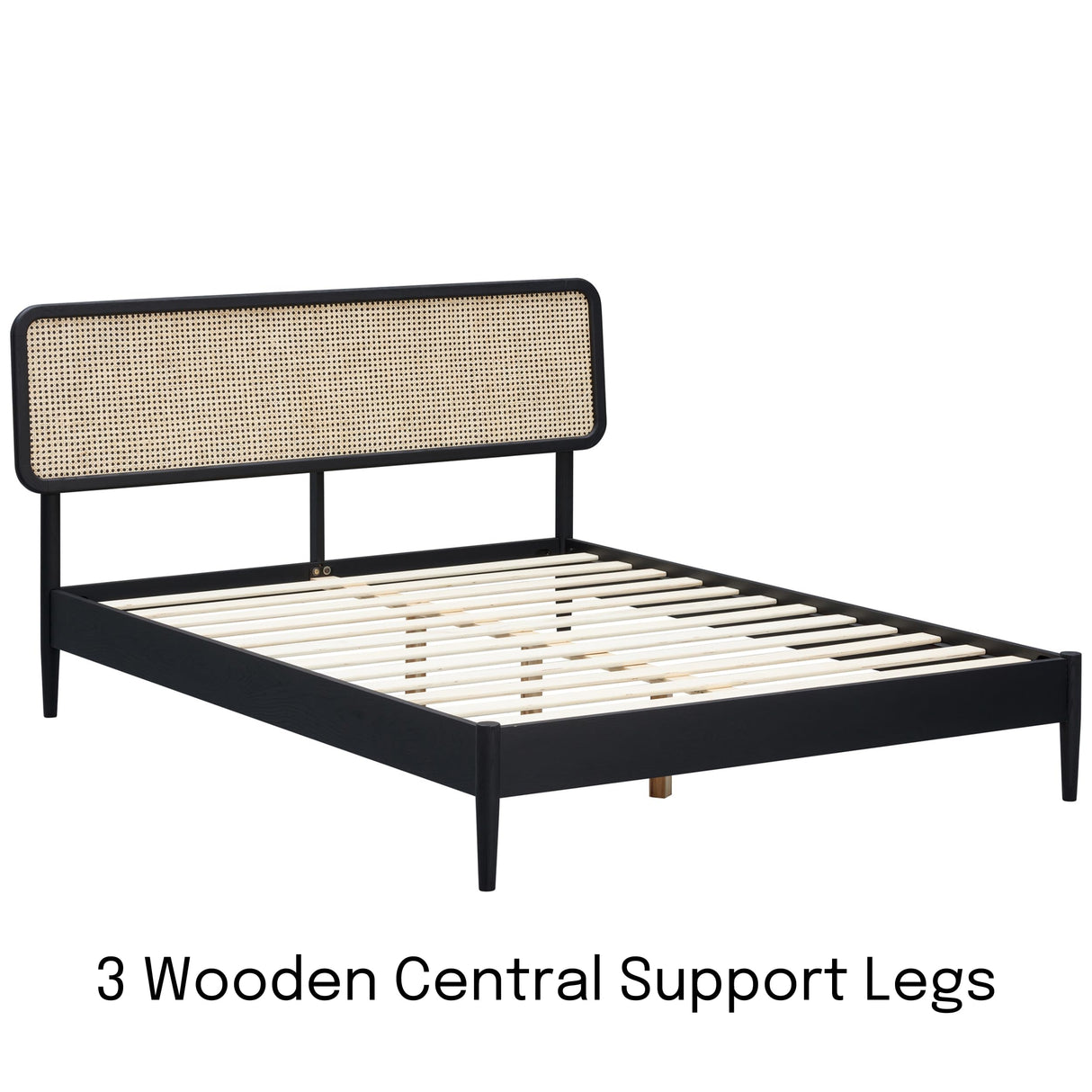 NTC Lupin Wooden Bed Frame with Headboard and Natural Rattan, Solid Oak Foundation with Silent Slats, 1000 Lb Capacity, Effortless Assembly, King - Burnt Black NTC