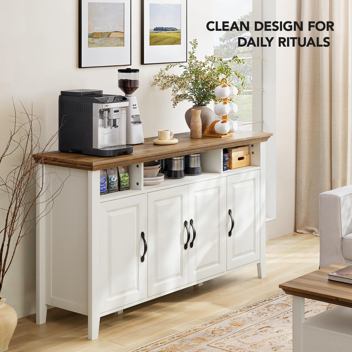 Amada Buffet Cabinet with Storage, 55" Large Sideboard Storage Cabinet with Adjustable Shelves, 4 Doors, Modern Farmhouse Coffee Bar Cabinet, Kitchen Table for Dinning Living Room, Oak and White AMADA HOMEFURNISHING