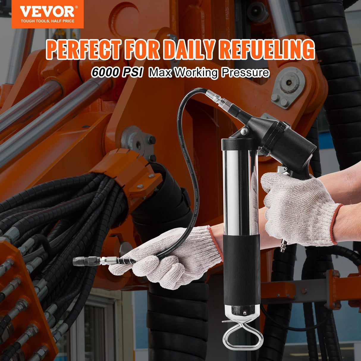 VEVOR Grease Gun, 6000PSI Air Operated Grease Gun, Heavy Duty Pneumatic Grease Gun with 14 oz Load, 18.5 Inch Flexible Hose, 1 Flat Coupler, 1 Pointed and Locking Clamp Coupler, 1 Bent Metal Pipe VEVOR