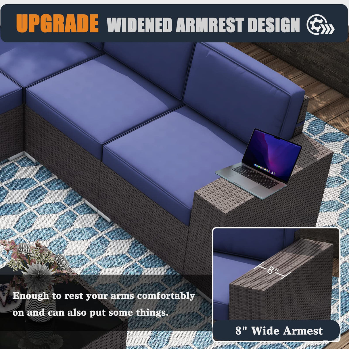 KHOLH 13 Pieces Patio Furniture Conversation Sofa Set with 44" Propane Gas Fire Pit Table, Outdoor Sectional Rattan Wicker Sofa Set KHOLH