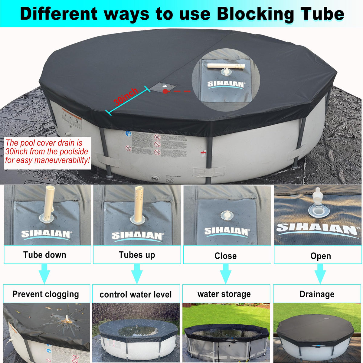 SIHAIAN 20 Ft Pool Cover, with Automatic Drain Round Pool Cover, One-Piece Quick Installation and Removal Above Ground Pool Cover, Preventing Waterlogging, UV Protected Solar Swimming Pool Cover SIHAIAN