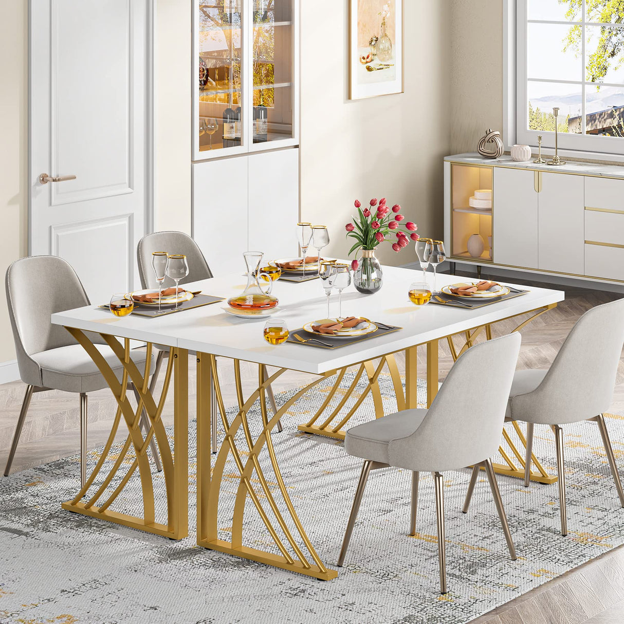 Tribesigns 55’’ Large Modern Computer Desk, White & Gold Luxury Laptop PC Student Table, Makeup Vanity Table with Thick Frame & Strong Legs, Sturdy Writing Workstation for Home & Office Tribesigns