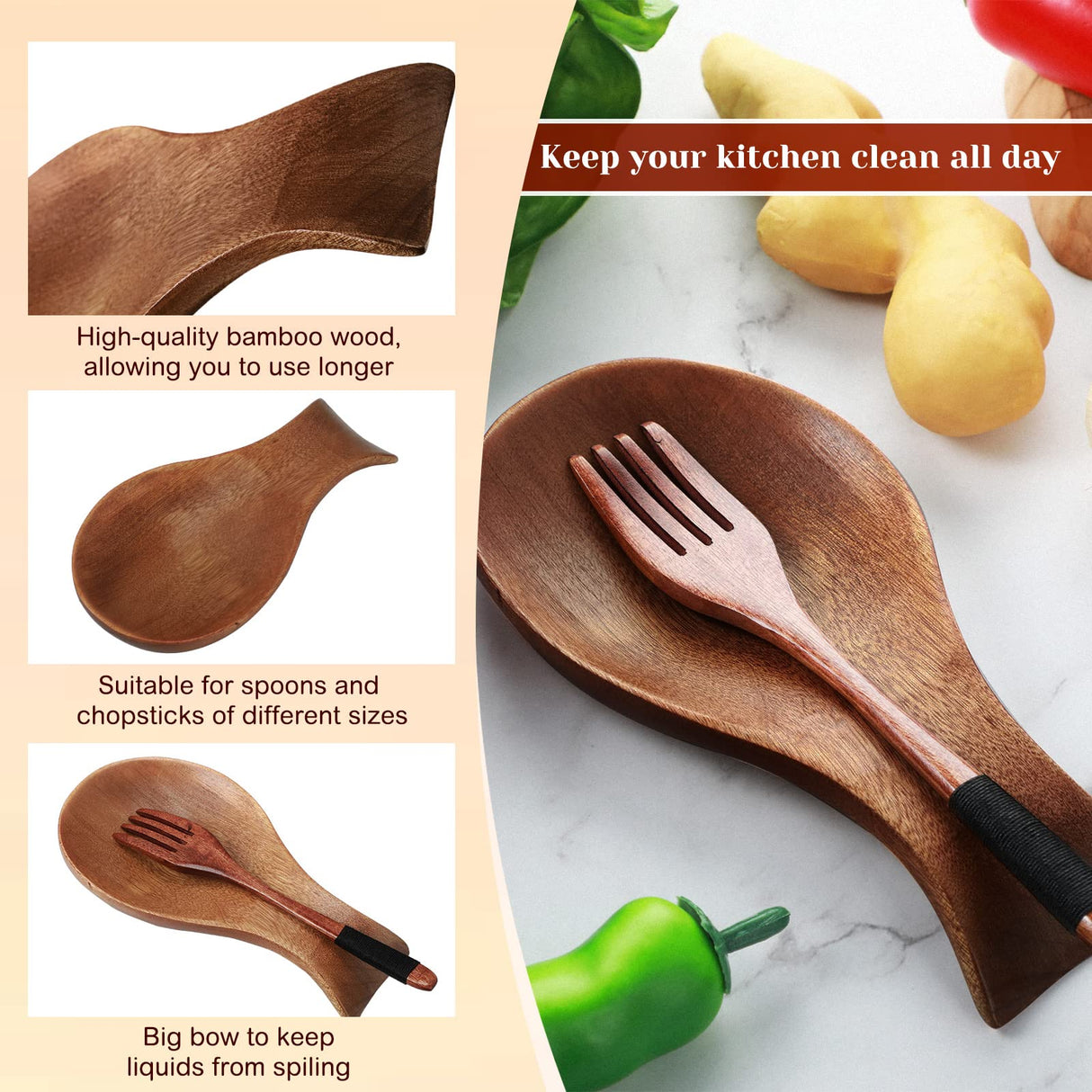 Spoon Rest For Stove Top Bamboo Holder for Spatula Wood Spoon Rest for Kitchen Counter Spoon Holder for Stove Top or Countertop, Spoon or Tong, Modern and Rustic Spoon Rest for Farmhouse (Brown) Patelai