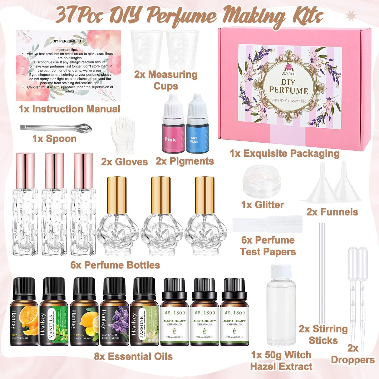 JUYRLE Perfume Making Kit- 37Pcs DIY Perfume Making Kits for Women, Make Your Own Scent with Essential Oil, Bottle, Fragrance Set, Fragrance Birthday Gifts Sets for Women Girls JUYRLE