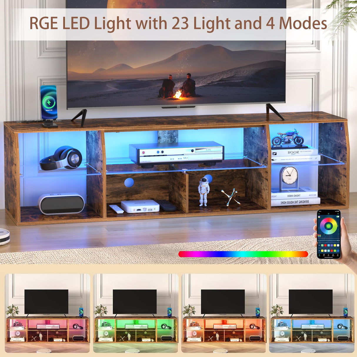 VECELO LED TV Stand for 70 inch, Entertainment Center with Power Outlets, Industrial Television Cabinet with 7 Open Storage Shelves, for Living Room and Bedroom, Retro Brown, 70inch VECELO