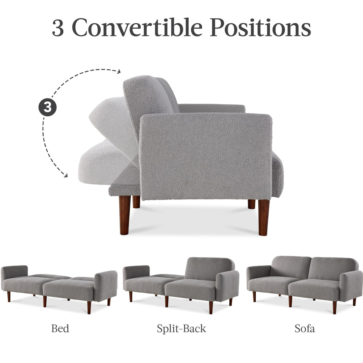 Best Choice Products 77" Mid Century Modern Boucle Loveseat Sofa, Couch, Convertible Sofa Sleeper Bed w/Real Wood, Removable Armrest - Storm Gray Best Choice Products