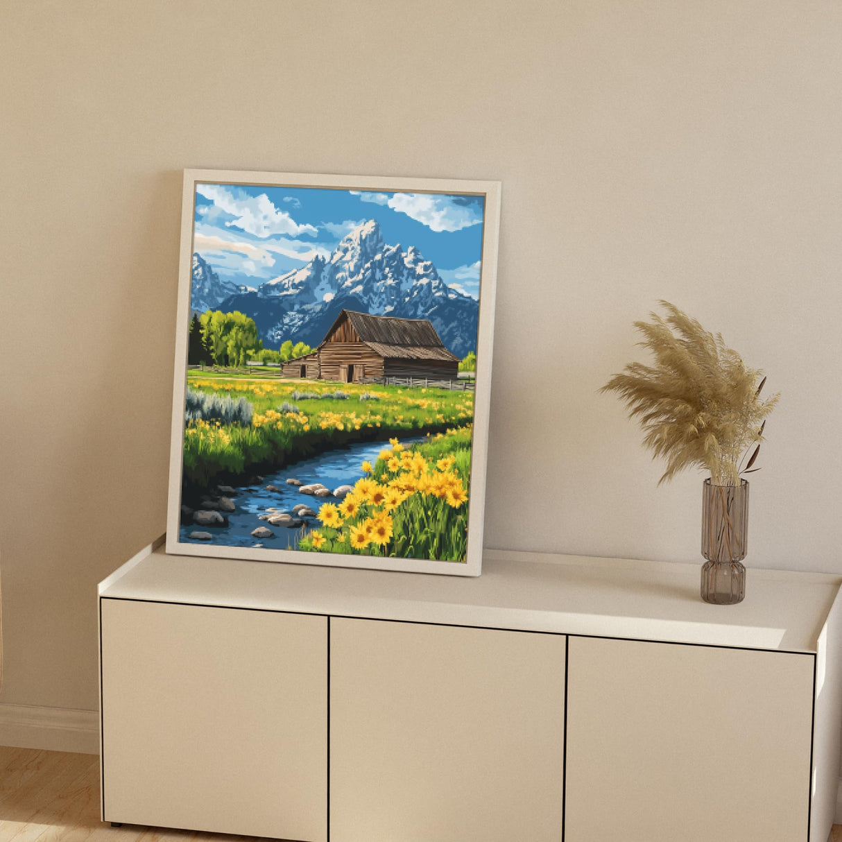 ARNLRDYA Grand Teton National Park Paint by Numbers for Adult, Moulton Barn Painting by Number Kits, Snow Mountains Flower Scenery DIY Acrylic Painting for Home Wall Decor(16×20inches, Unframe) ARNLRDYA