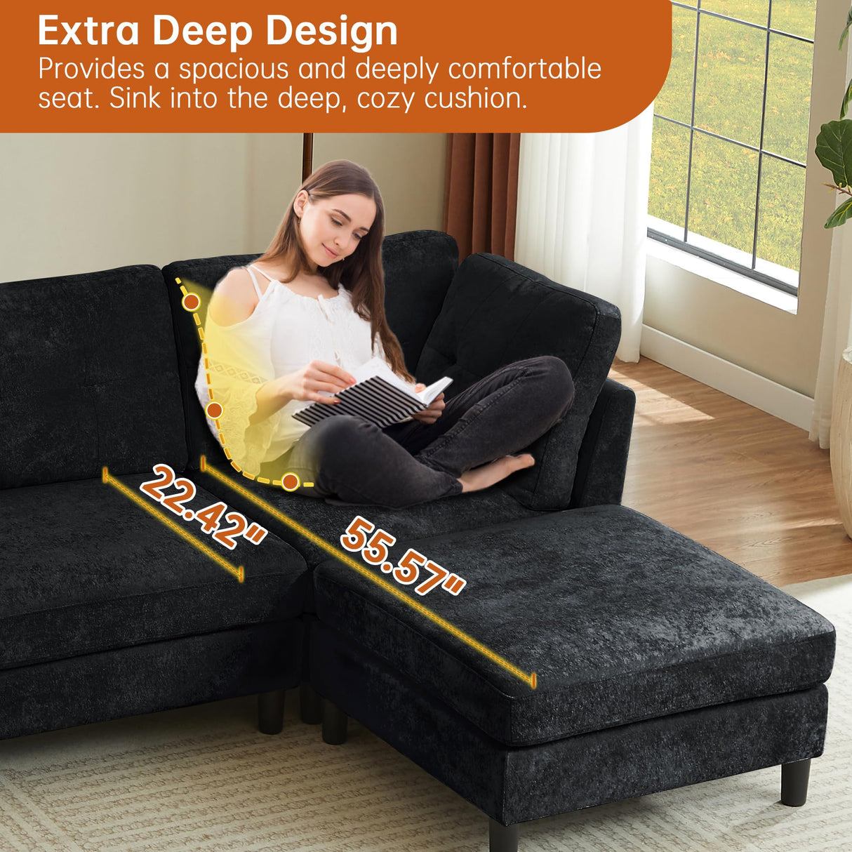 Portaforta 100" Oversized Sectional Couches for Living Room, Modular Sectional Sofa Couch, Modern Linen L Shaped Couch, 4 Seater Convertible Sofa for Living Room Apartment Office, Black Portaforta