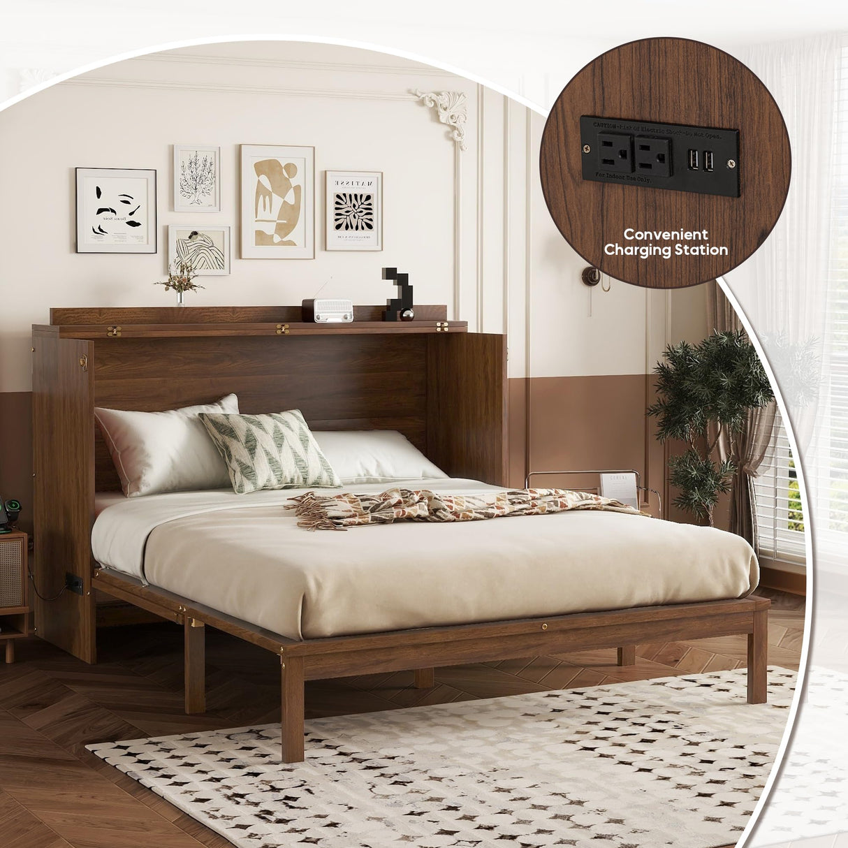 ZEIINPA Queen Murphy Bed Chest with Charging Station & Large Drawers, Wooden Cube Cabinet Bed with Foldable Bedframe for Apartment Living Room Bedroom(Mattress not Included) Walnut ZEIINPA