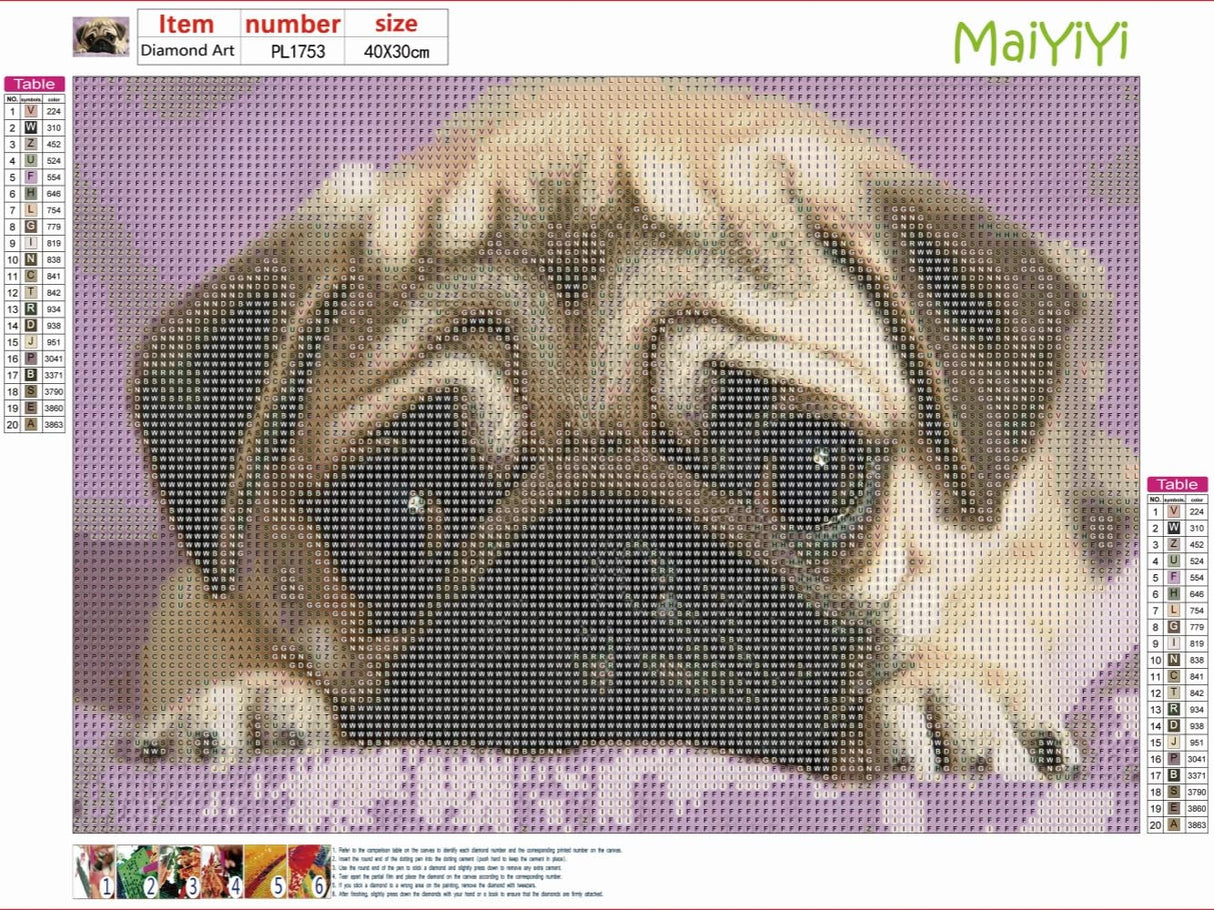 MaiYiYi Pug Diamond Painting by Numbers, 5D Full Round Drill Pug Diamond Art Kit, Cute Dog Face Diamond Painting for Adult Beginner Wall Decor Arts Crafts (40 x 30 cm) MaiYiYi