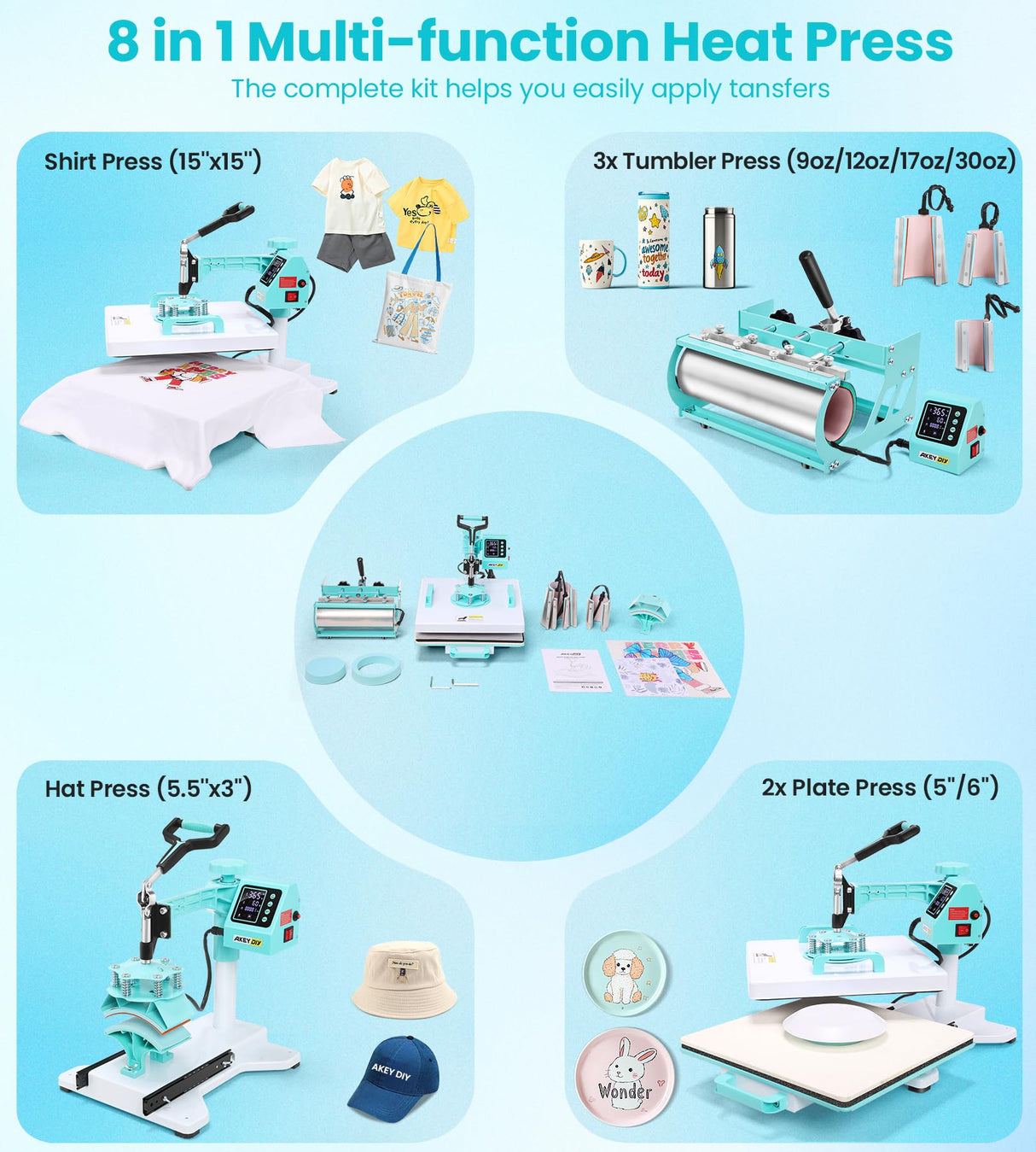 15x15 Heat Press Machine 8-in-1, Pro Sublimation Combo with 30OZ Tumbler Press, Shirt Press Machine with Swing Away & Slide Out Design, Heat Transfer for T-Shirt/Tumbler/Bag/Hats/Cap (8 in 1) AKEYDIY