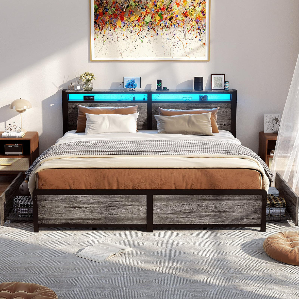 Homieasy King Size Bed Frame with 4 Storage Drawers and LED Charging Station Homieasy
