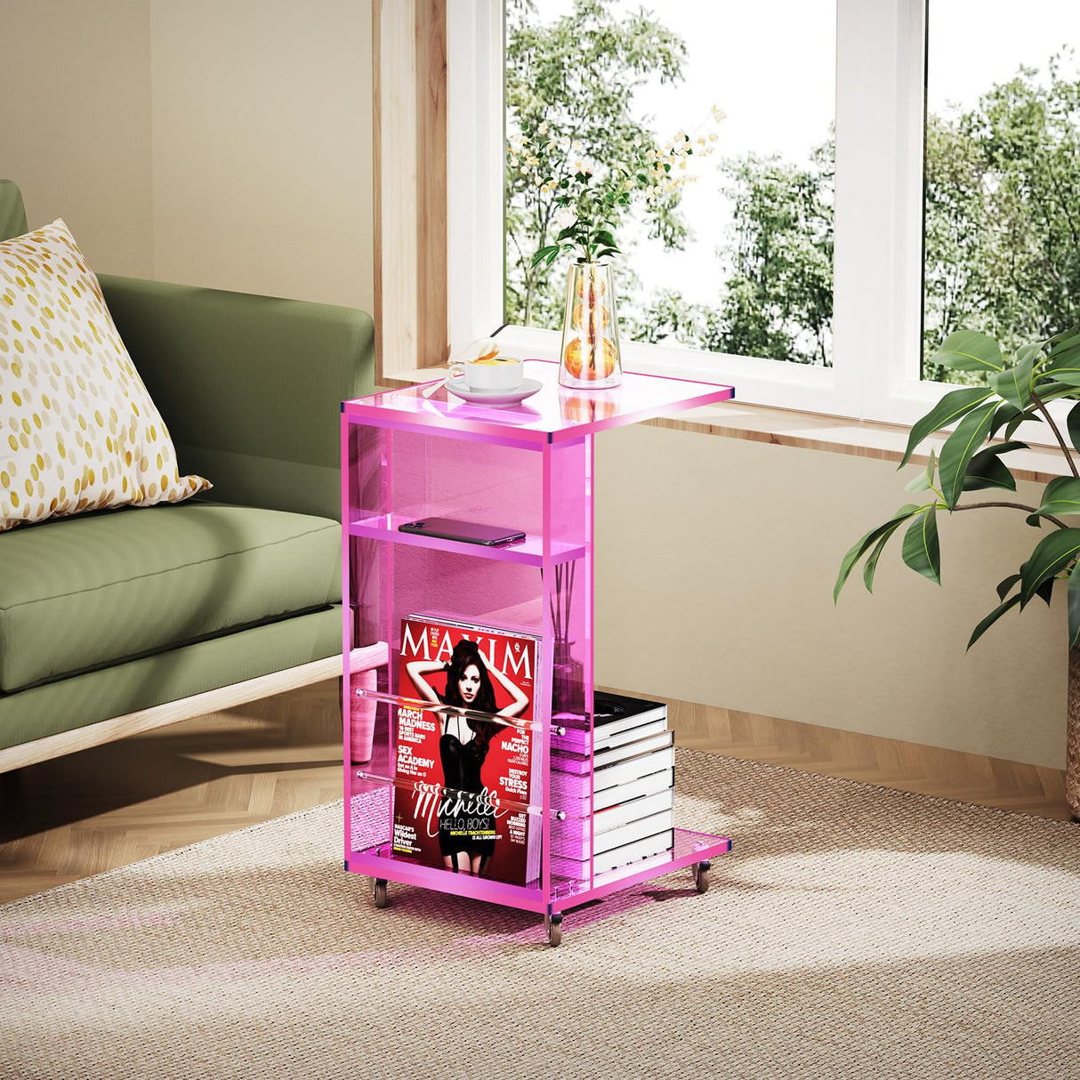 Clear Acrylic Side Table on Lockable Wheels, C Shaped End Table for Sofa, Small Coffee Tables for Small Spaces (Pink) Acrylicolor