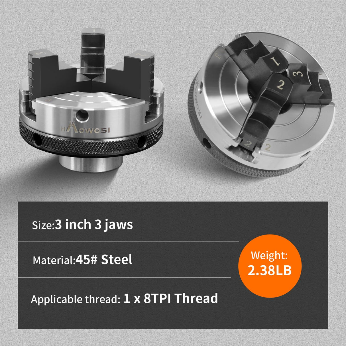 Wood Lathe Chuck 3 Inch 3 Jaw,Self-Centering Lathe Chucks for Woodturning with 1 x 8TPI Thread,for Woodworking Lathe Tools HAowosi