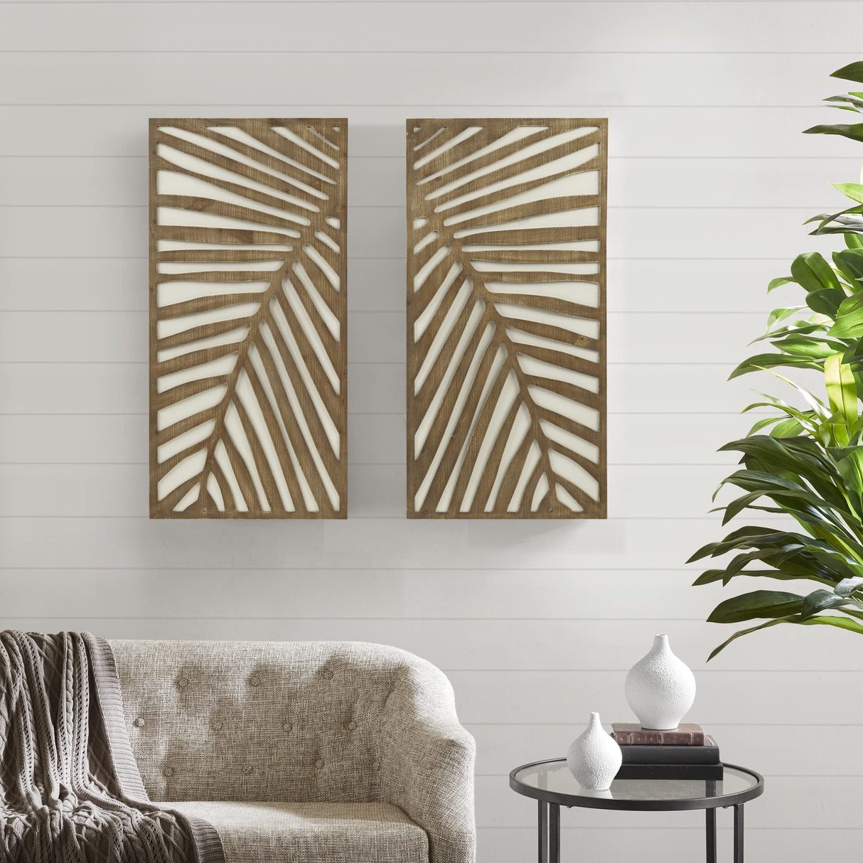 Madison Park Wall Art Living Room Décor - Birch Palms Botanical Carved Design, Home Accent Modern Kitchen Dining Decoration, Ready to Hang Panel for Bedroom, 16" W x 32" H, Dark Brown 2 Piece Madison Park