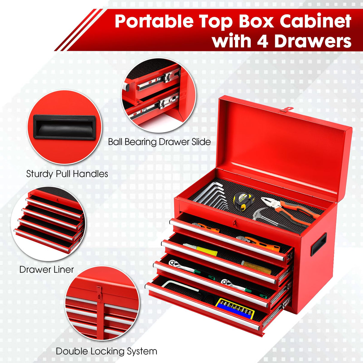 Dawmilon 5-Drawer Rolling Tool Chest, 2-in-1 Tool Box Organizer with Lockable Wheels, Sliding Drawers, and Detachable Top, Garage Workshop Tool Storage Cabinet, Red Dawmilon