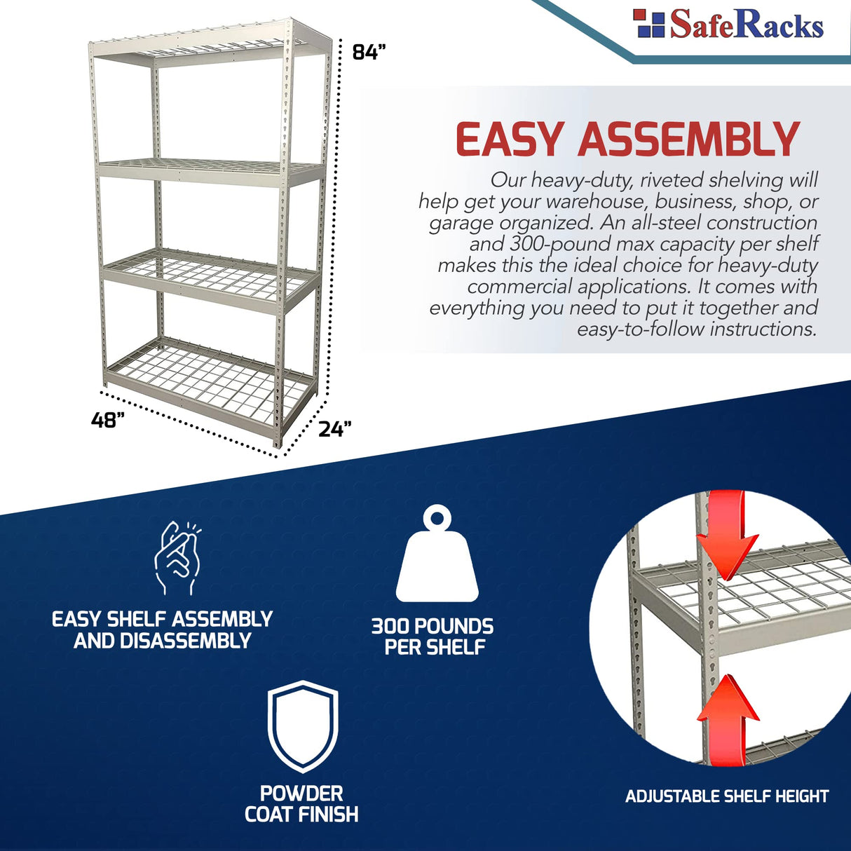 SafeRacks Garage Shelving Unit - All Steel Storage Rack That Holds 300 Pounds Per Shelf - Easy to Assemble, White (24" x 48" x 84") SafeRacks
