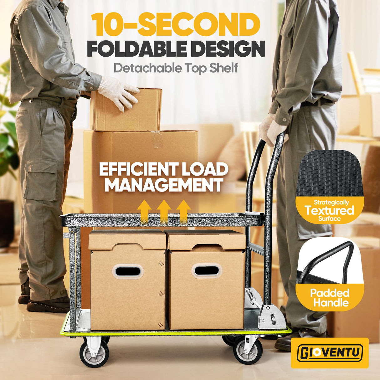 Heavy Duty Push Cart Dolly (700 lbs), Foldable Platform Hand Truck Made with High-Strength Steel, 2 Tier Design, Moving Flatbed Cart with Wheels for Warehouse, Garage, Workshop, Office Gioventù