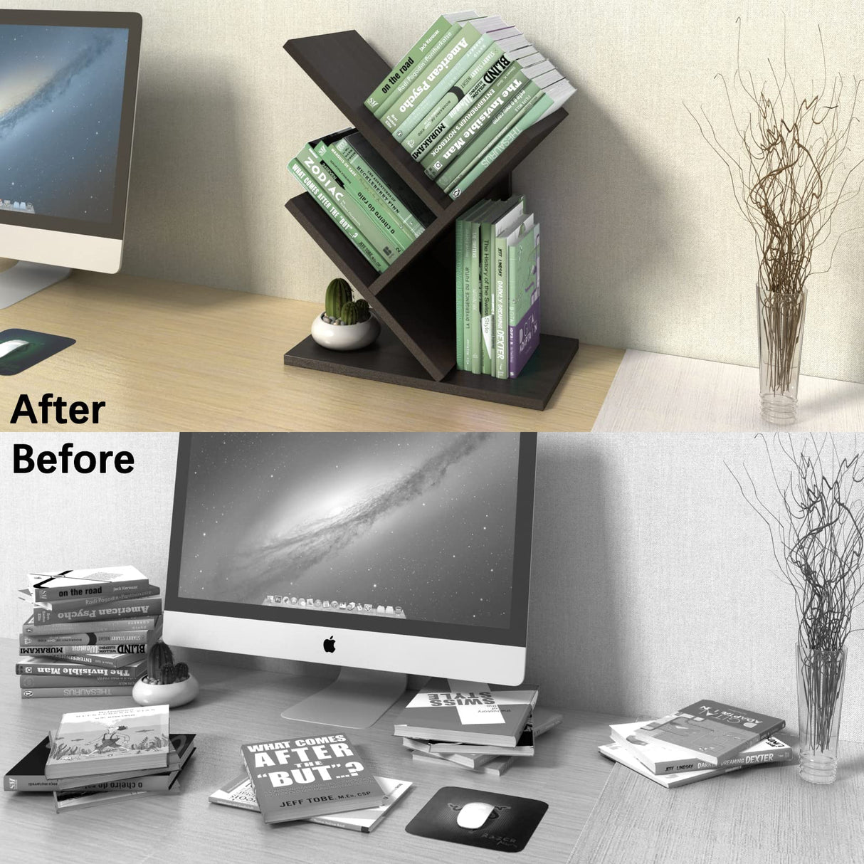 Godferyxin Book Tree Bookshelf, 3-Tier Wood Bookshelf Tree Bookcase for Displaying Books, CDs, Magazines and More at Office, Home or School Godferyxin