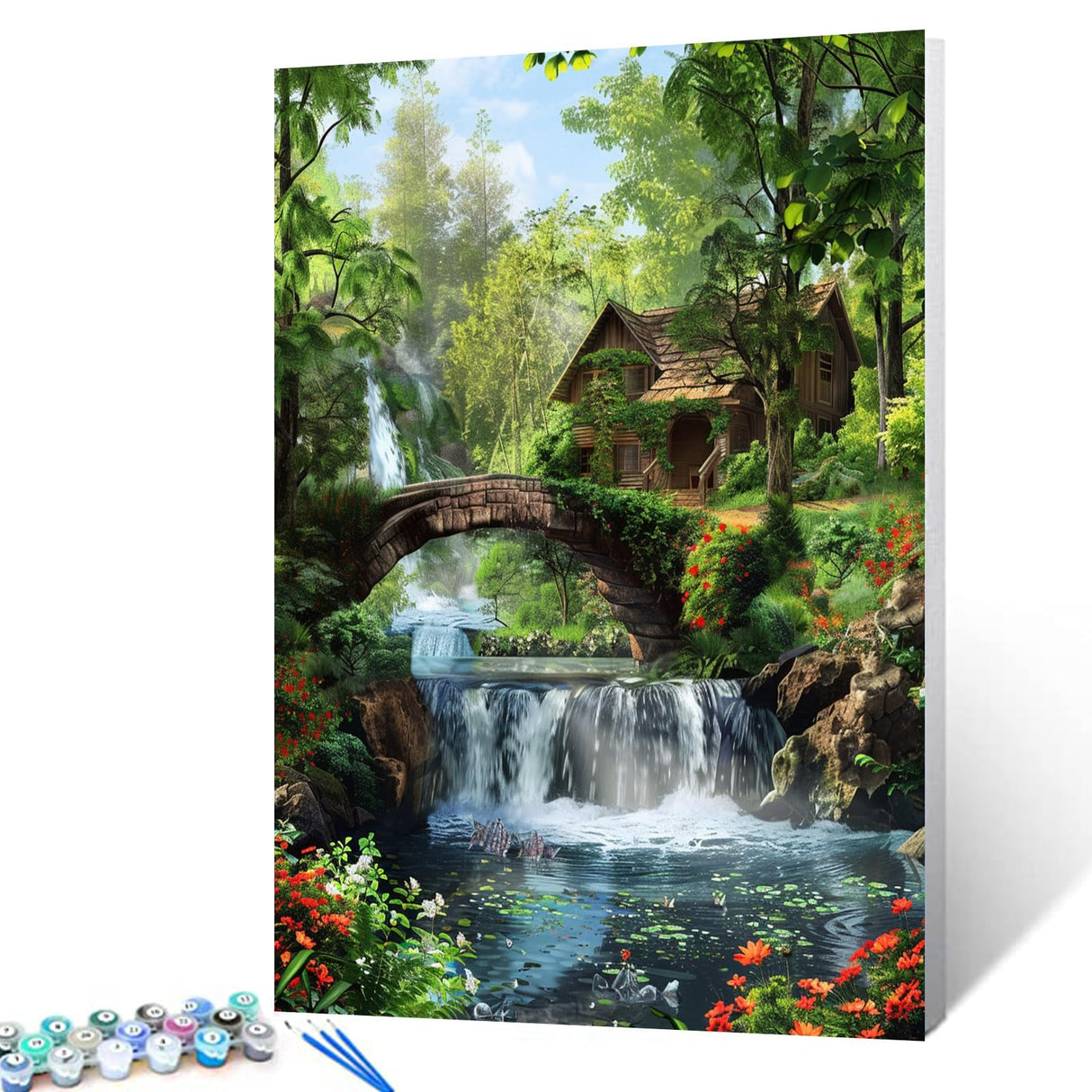 Tropical Frorest Waterfall Paint by Number for Adults Beginner,DIY Oil Painting Kits on Canvas with Brushes and Acrylic Pigment Abandoned Wooden House,Bridge Pictures Gifts 16x20 inch (Frameless) Tucocoo