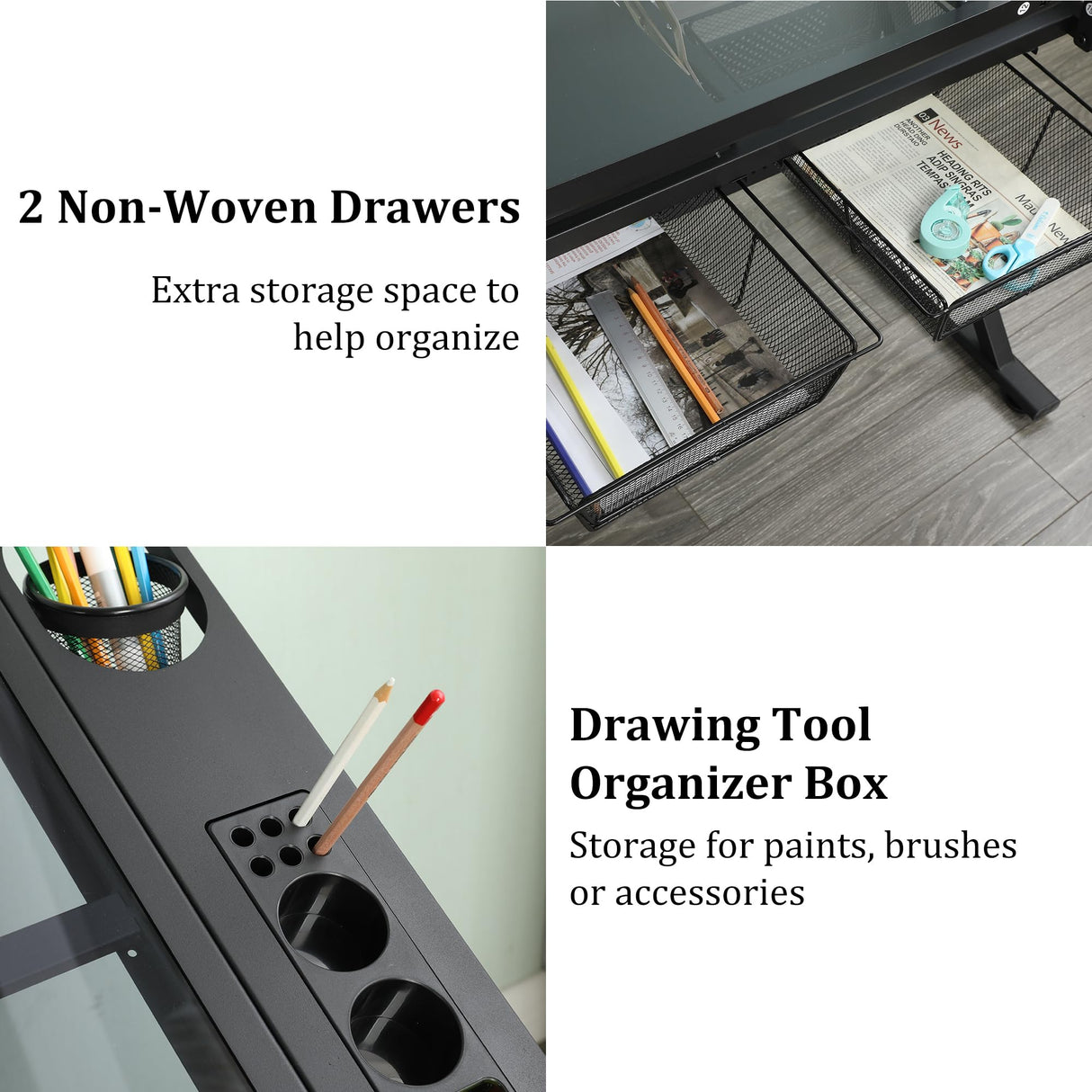 Olela Drafting Desk, Height Adjustable Drafting Table Versatile Art Craft Artists Paintings Storage Work Station with Tilting Temped Glasses Tabletop and Stool (Drawing Table - 1) Olela