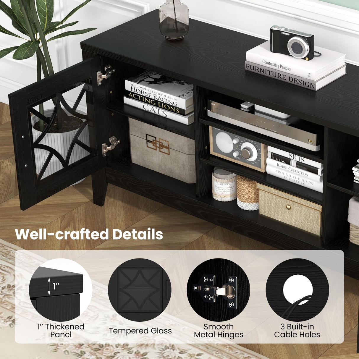 Tangkula Farmhouse TV Stand for TVs Up to 65-in, Classic Media Entertainment Center w/Glass Door Cabinets & 4 Adjustable Shelves, Modern TV Console Table w/ 3 Cable Holes for Living Room (Black) Tangkula