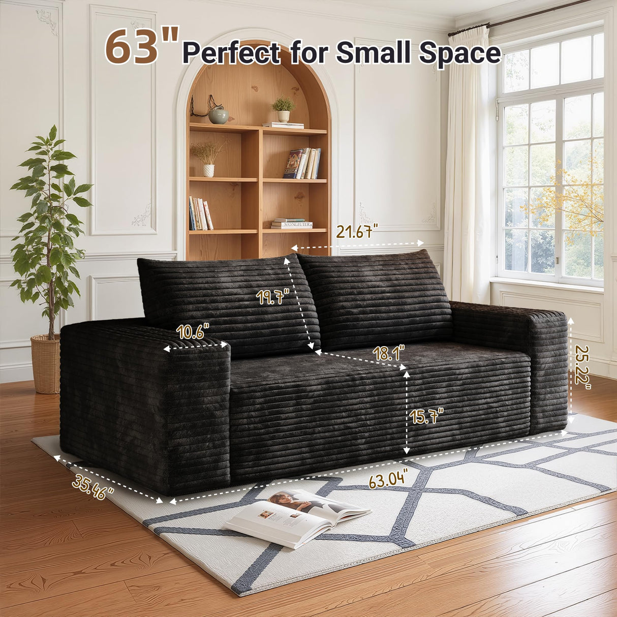 63 Inch Loveseat Sofa - Boneless Couch Plush Corduroy Upholstery, No Assembly Needed, Ultra Comfy for Small Spaces, Living Room, Bedroom & Apartment FAVSH