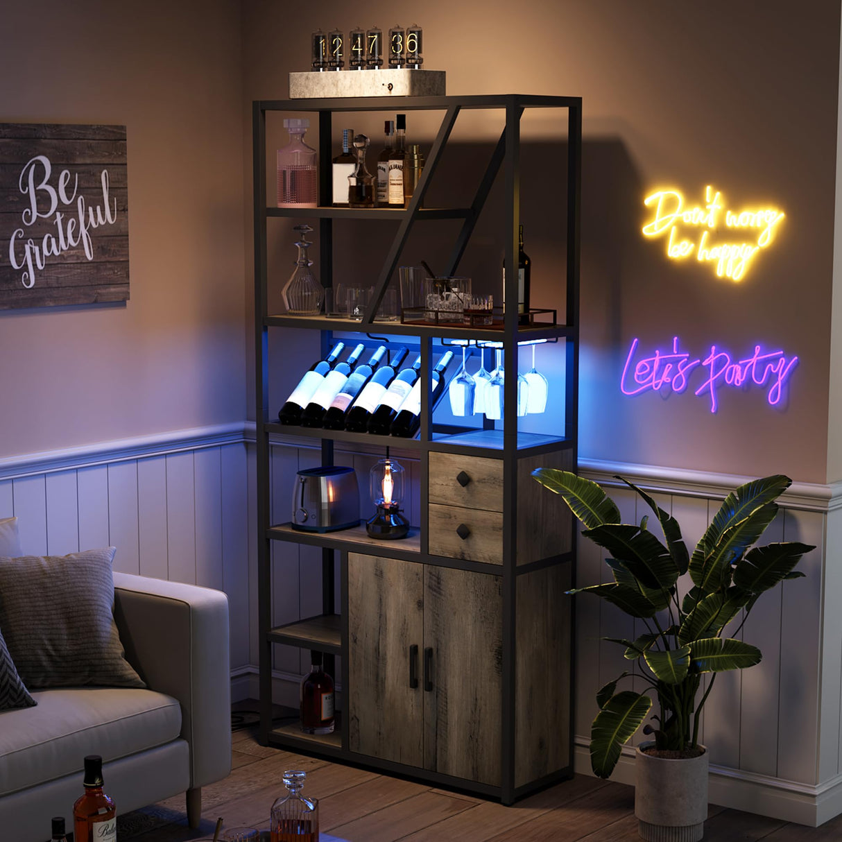 IDEALHOUSE Bar Cabinet with Wine Rack, Liquor Stand with Glass Holder & LED Lights, Coffee Sideboard Cabinet for Living Room, Home Bar IDEALHOUSE