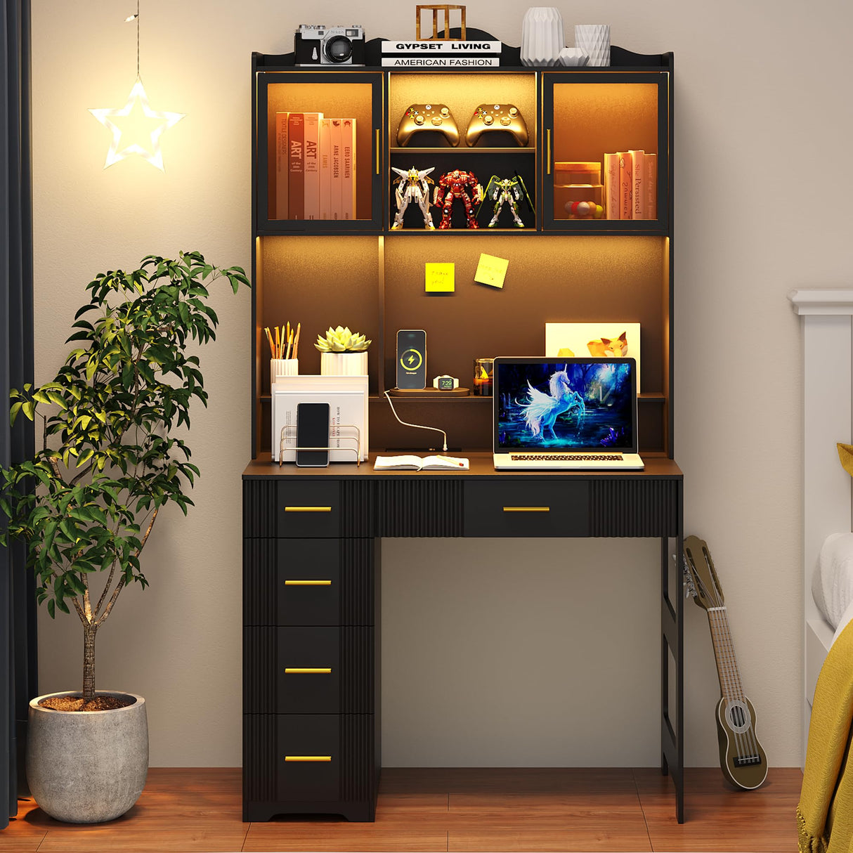 WOOVIVS LED Study Desk with Hutch and Drawer, Home Office Desk with Outlet, Computer Desk with Charging Station, Writing Desk for Bedroom, Workstation for Small Space (Black) WOOVIVS