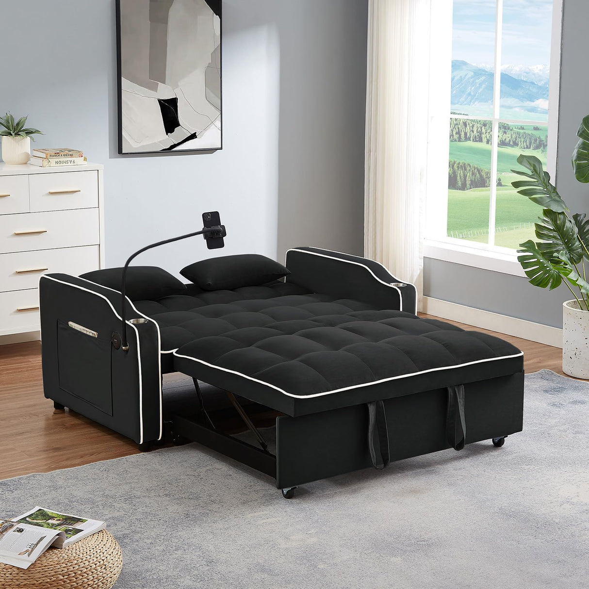 JEEOEHY 3 in 1 Convertible Sleeper Sofa Bed,Velvet Pull Out Couch Bed w USB&Type C Port,Comfy Futon Loveseat w Adjustable Backrest&Phone Stand&Cup Holder for Living Room Apartment Small Space(Black) JEEOHEY