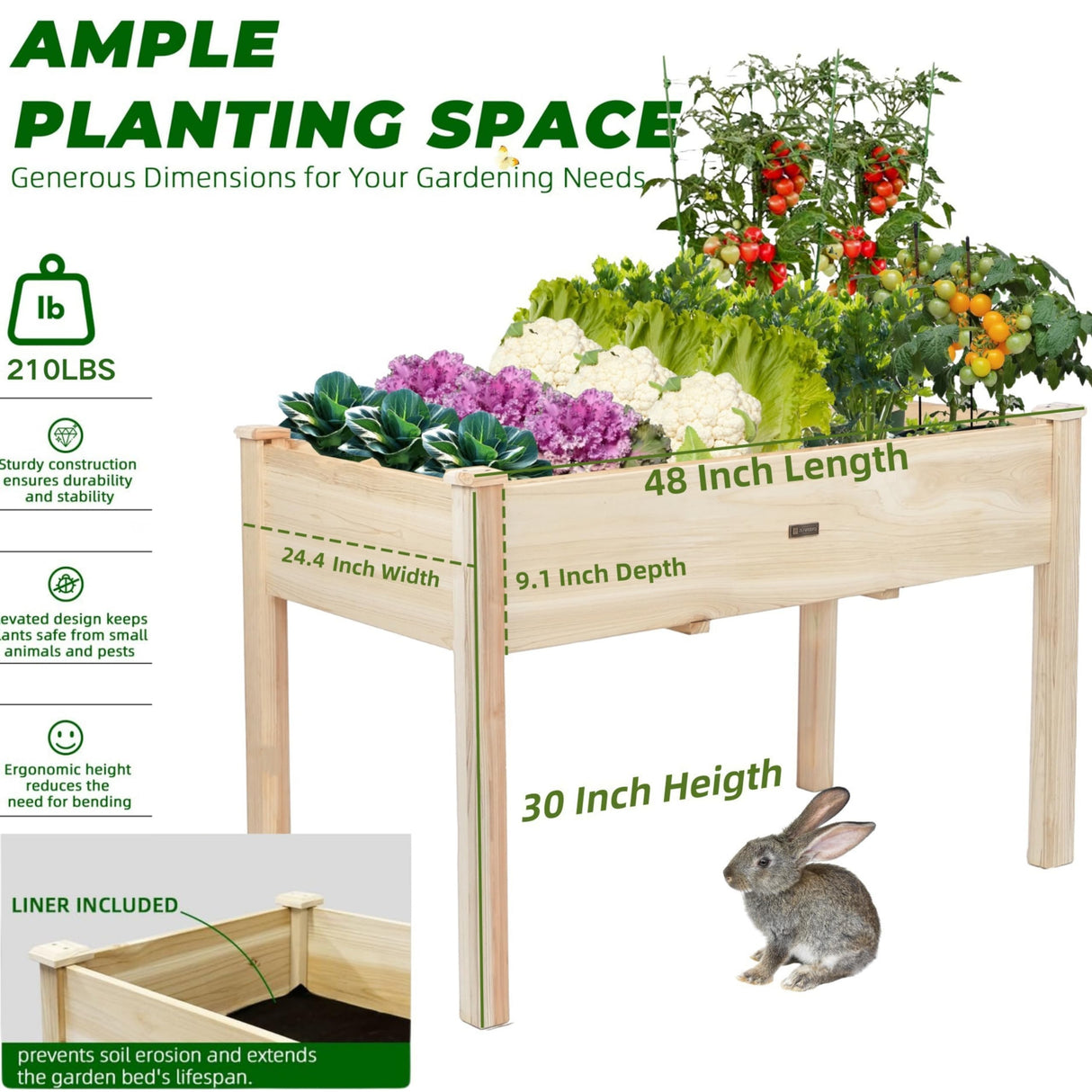 ZSYWODFO 48x24x30in Raised Garden Bed,Wooden Raised Garden Beds Outdoor,Elevated Wooden Planter Box with Legs for Backyard/Patio/Gardener,210lb Capacity-Natural ZSYWODFO