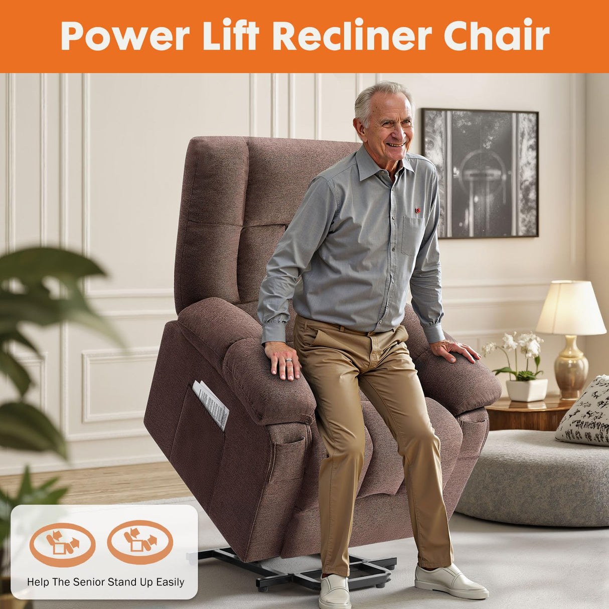 Sweetcrispy Power Lift Recliner Chair with Vibration Massage and Heat for Elderly, Ergonomic Overstuffed Breathable Fabric Reclining Chair with 3 Pockets, Remote Control, Living Room, Bedroom, Brown Sweetcrispy