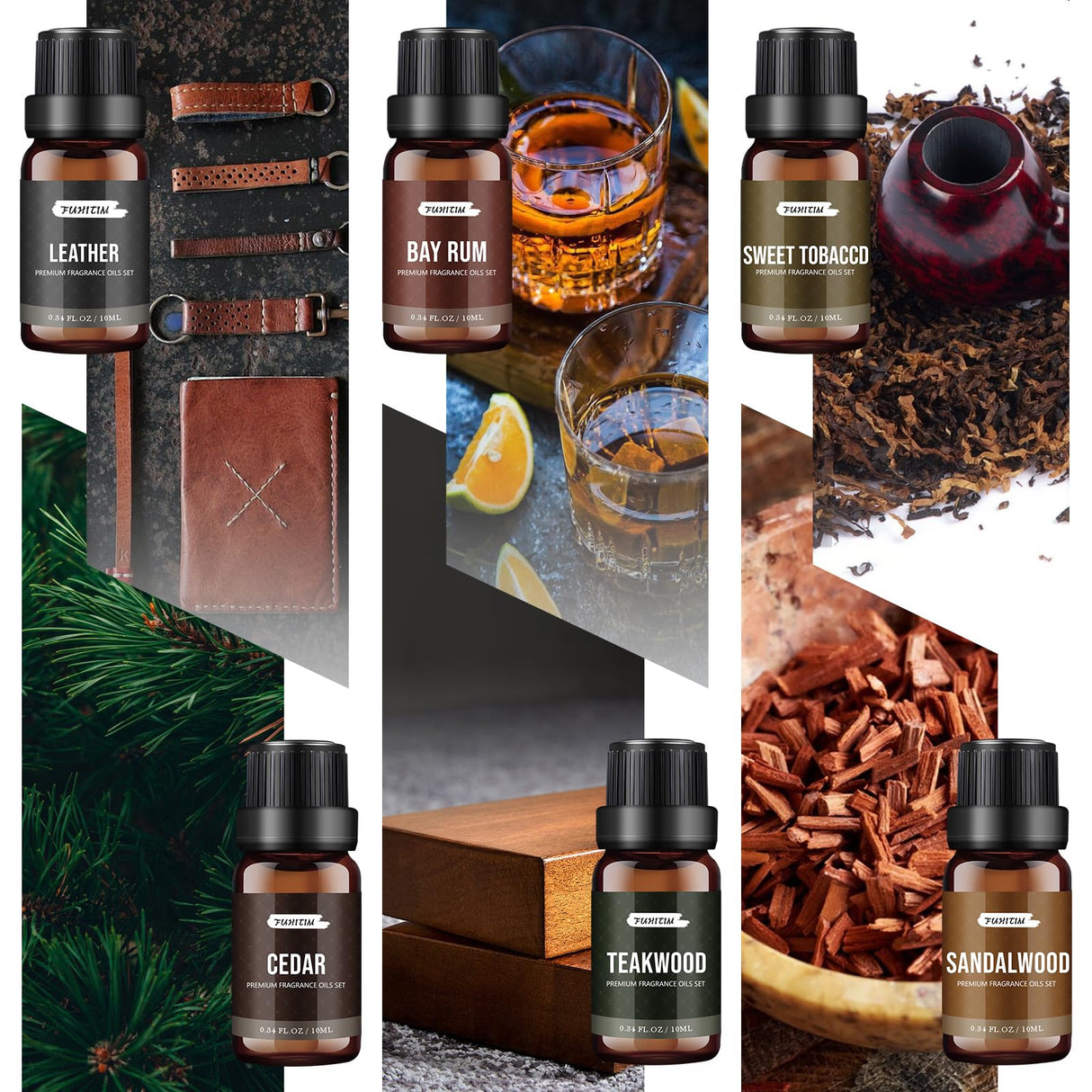 FUHITIM Fragrance Oil Gentlemen's Set, Scented Oil for Candle Scents for Candle Making, Soap Making Scents, Diffuser Oils Scents | Leather, Sweet Tobacco, Teakwood, Bay Rum, Cedar, Sandalwood (6*10ML) FUHITIM
