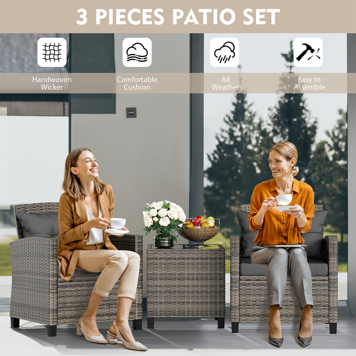 Vongrasig 3 Piece Patio Furniture Set Small Outdoor Wicker Rattan Front Porch Bistro Set Cushioned Patio Chairs Conversation Set with Glass Table for Lawn, Garden, Backyard, Balcony, Poolside (Grey) Vongrasig
