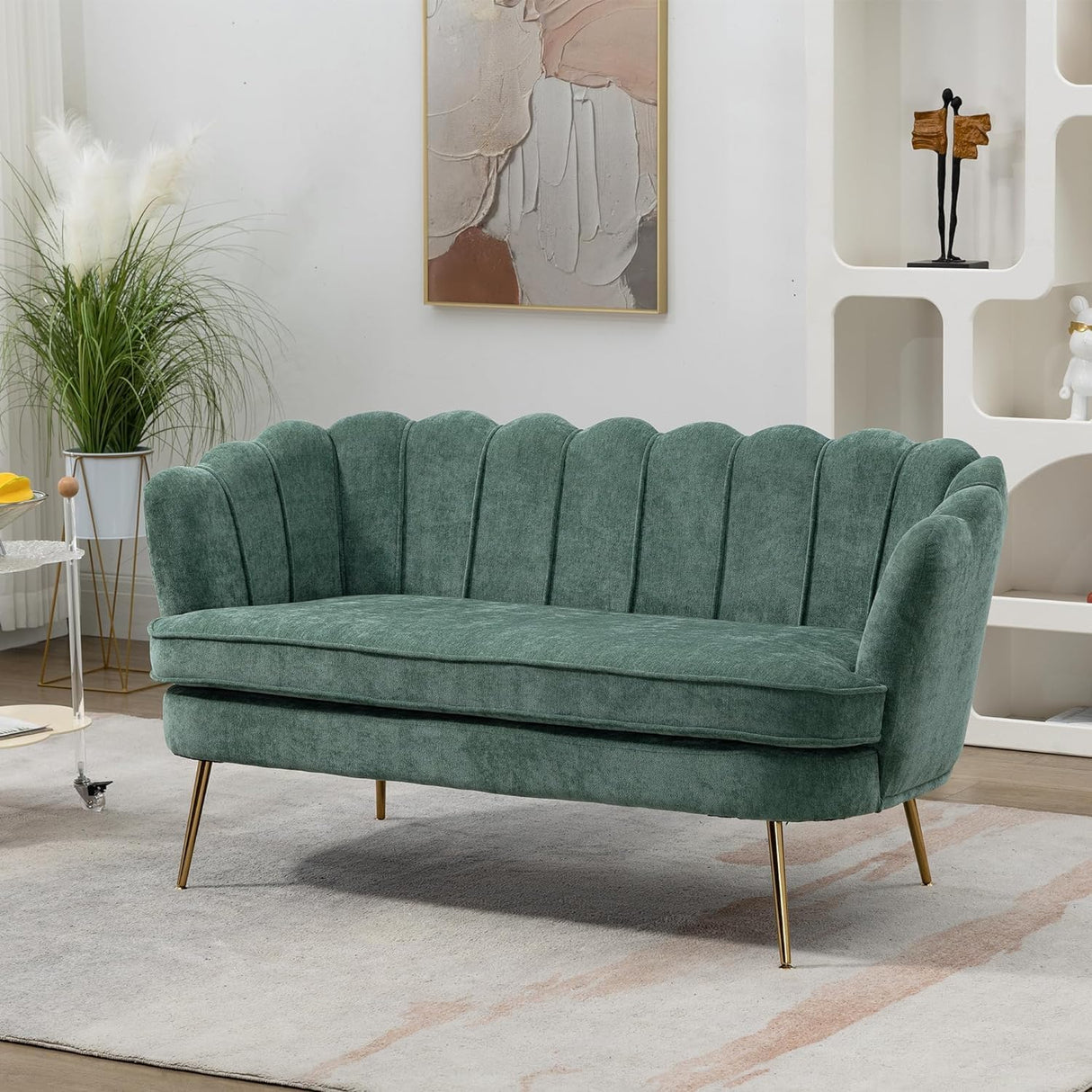 Anwick 59" Small Modern Chenille Loveseat Sofa, 2-Seater Sofa with Gold Metal Legs, Small Couch with Flower Shaped Back for Living Room Bedroom Office(Green) Anwick