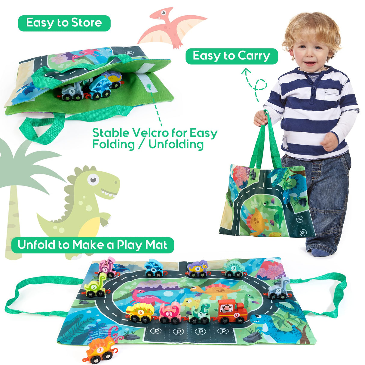 HELLOWOOD Dinosaur Toys for Toddlers Age 2-4, Wooden Dinosaur Train Set with Playmat/Storage Bag, Montessori Educational Toys for 2+ Years Old Boys & Girls HELLOWOOD