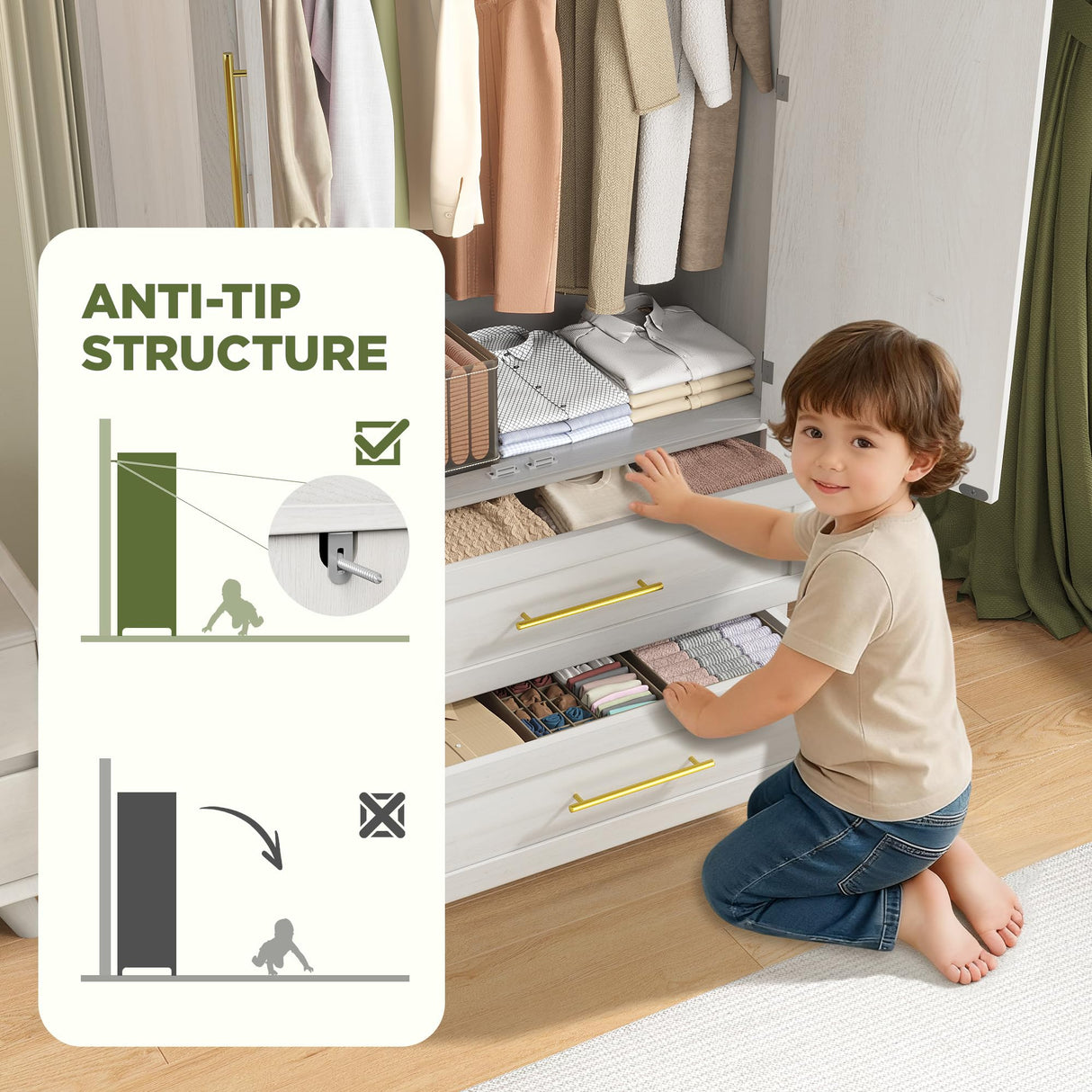 Maupvit Wardrobe Closet, Modern Armoire Wardrobe Closet with 2 Drawers and Arched Doors, 73" Tall Wooden Bedroom Armoires with Shelves and Hanging Rod, White Maupvit